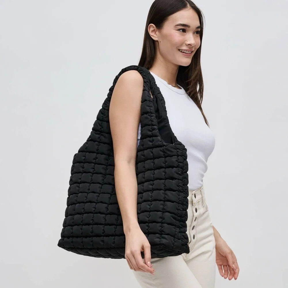 NWT Sol and Selene Black Quilted Puffer Nylon Hobo Bag with Cross Body Strap - Picture 3 of 6